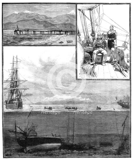 Divers exploring the wreck of H.M.S. Doterel, blown up in the Straits of Magellan, 1881. Creator: William James Palmer.