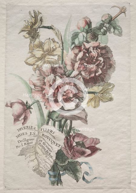 Divers fleurs mises en boucquets: No. 1 - Hollyhocks and Narcissus, c. 1670. Creator: Jacques I Bailly (French, 1634-1679).