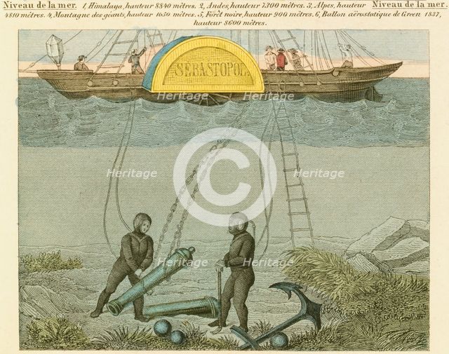 Divers salvaging guns from the seabed, c1855. Creator: Unknown.
