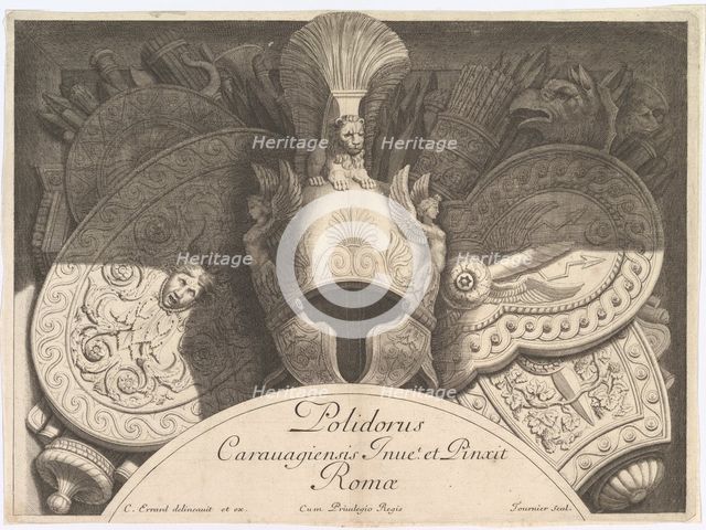 Divers Trophées (Weapon Trophies after the Façade of Palazzo Milesi in Rome), 1651. Creators: Polidoro da Caravaggio, Rene Lochon.