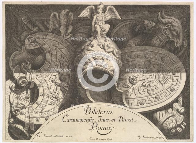 Divers Trophées (Weapon Trophies after the Façade of Palazzo Milesi in Rome), 1651. Creators: Polidoro da Caravaggio, Rene Lochon.