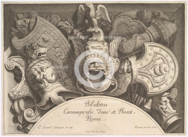 Divers Trophées (Weapon Trophies after the Façade of Palazzo Milesi in Rome), 1651. Creators: Polidoro da Caravaggio, Rene Lochon.