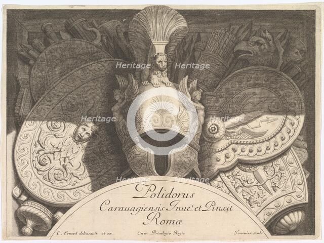 Divers Trophées (Weapon Trophies after the Façade of Palazzo Milesi in Rome), 1651. Creators: Polidoro da Caravaggio, Rene Lochon.