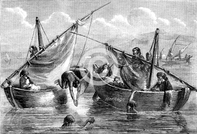 Diving for sponges on the coast of Syria, 1862. Creator: Unknown.