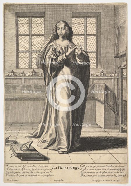 Dialectic: a young woman standing in a decorated interior and touching her right index ..., 1633-35. Creator: Gilles Rousselet.