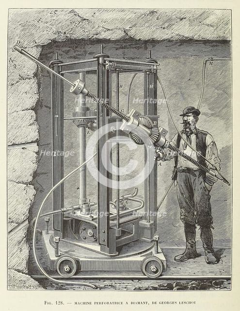 Diamond Drilling Machine designed by Georges Leschot, pub. 1883 (engraving), 1883. Creator: Unknown.