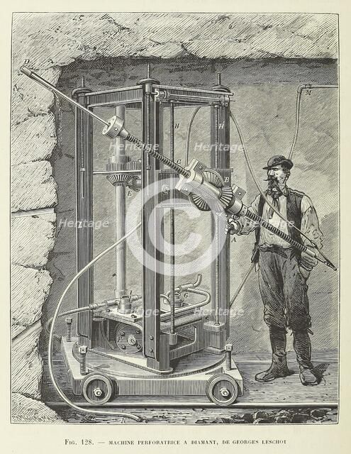 Diamond Drilling Machine designed by Georges Leschot, pub. 1883 (engraving), 1883. Creator: Unknown.