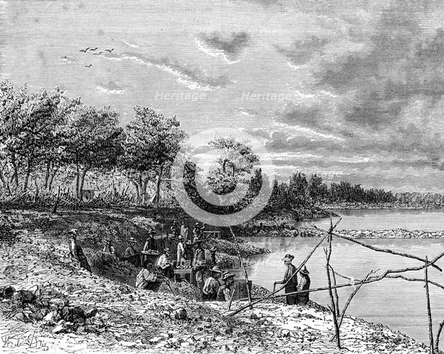 Diamond mining on the Vaal River, Free State, South Africa, 19th century.Artist: St de Dree
