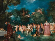 Diana and her nymphs bathing, with a stag hunt in the background, ca 1606. Creator: Francken, Frans, the Younger (1581-1642)