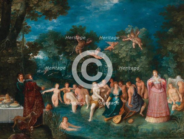 Diana and her nymphs bathing, with a stag hunt in the background, ca 1606. Creator: Francken, Frans, the Younger (1581-1642).
