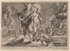 Diana as Luna Accompanying a Young Man Serenading, 1615. Creator: Jacob Matham