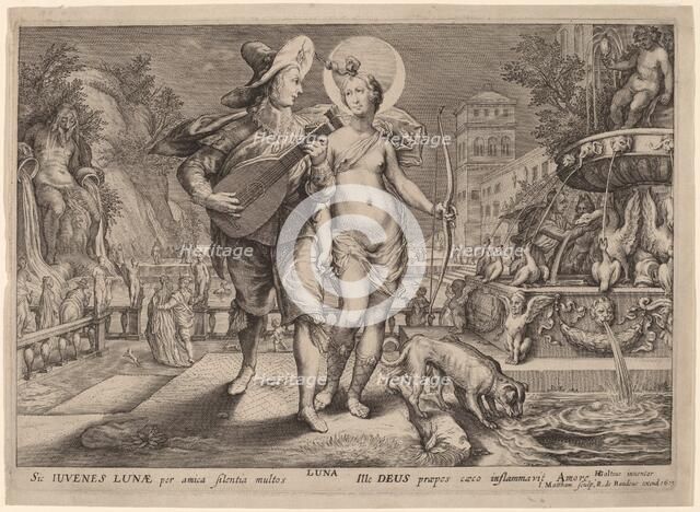 Diana as Luna Accompanying a Young Man Serenading, 1615. Creator: Jacob Matham.