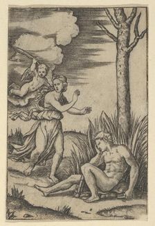 Diana followed by cupid at left, Endymion at right, ca. 1500-1534. Creator: Marcantonio Raimondi