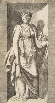 Diana holding fruit in her left hand standing within a niche, ca. 1531-76. Creator: Giulio Bonasone
