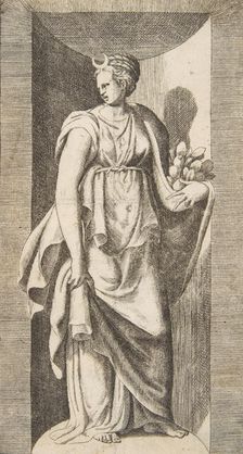 Diana holding fruit in her left hand standing within a niche, ca. 1531-76. Creator: Giulio Bonasone