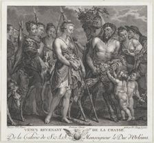 Diana returning from the chase, accompanied by dogs and her nymphs at left, two satyrs..., ca. 1808. Creators: Robert de Launay, Bernard Duvivier