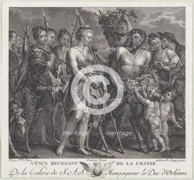 Diana returning from the chase, accompanied by dogs and her nymphs at left, two satyrs..., ca. 1808. Creators: Robert de Launay, Bernard Duvivier.