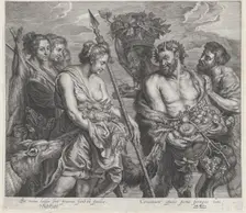Diana returning from the chase, accompanied by dogs and her nymphs at left, two sat..., ca. 1640-59. Creator: Boetius Adams Bolswert