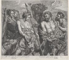 Diana returning from the chase, accompanied by dogs and her nymphs at left, two sat..., ca. 1640-59. Creator: Boetius Adams Bolswert