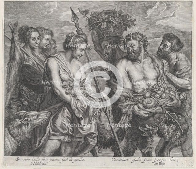 Diana returning from the chase, accompanied by dogs and her nymphs at left, two sat..., ca. 1640-59. Creator: Boetius Adams Bolswert.