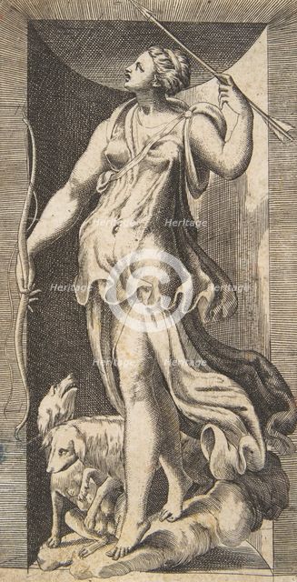 Diana the huntress acompanied by her dogs standing in a niche, 16th century., 16th century. Creator: Giulio Bonasone.