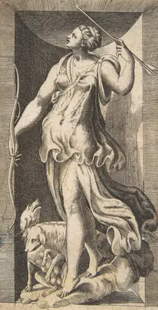 Diana the huntress acompanied by her dogs standing in a niche, 16th century., 16th century. Creator: Giulio Bonasone