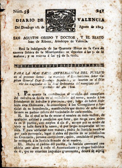 Diario de Valencia, No. 59 of Sunday August 28, 1803.