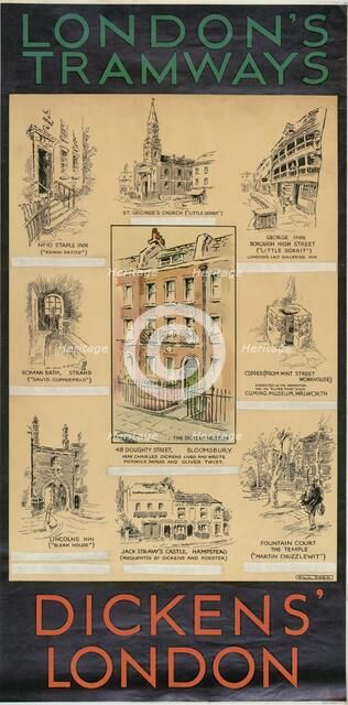 'Dickens' London', London County Council (LCC) Tramways poster, 1930. Artist: Will Owen