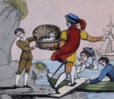 Dick Whittington handing over his cat to the captain of a ship, 1845. Creator: Unknown