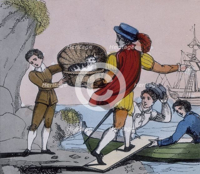 Dick Whittington handing over his cat to the captain of a ship, 1845. Creator: Unknown.