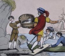 Dick Whittington handing over his cat to the captain of a ship, 1845. Creator: Unknown
