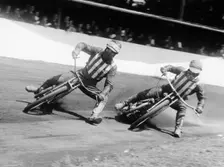 Dick Bradley (on the left) and Alby Golden at a speedway track, Exeter, c1952-c1953