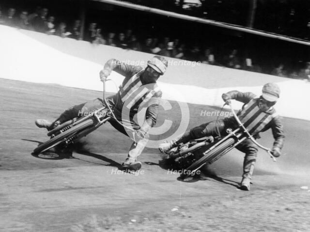 Dick Bradley (on the left) and Alby Golden at a speedway track, Exeter, c1952-c1953. Artist: Unknown