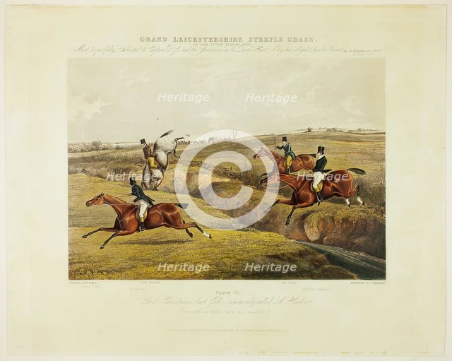 Dick Christian's Last Fall, from Grand Leicestershire Steeplechase, published 1830. Creator: Charles Bentley.