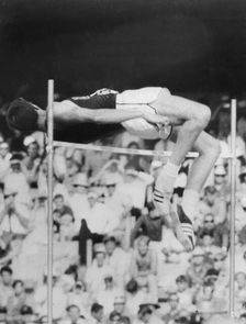 Dick Fosbury (b1947) performing his famous fosbury flop during the Mexico Olympics, 1968