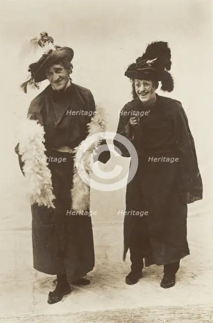 Dick Horn and Harry Brandon dressed as pantomime dames for the Bow Bells...(between 1910 and 1919?). Creator: Unknown.