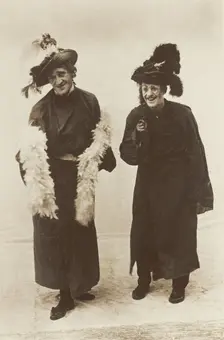 Dick Horn and Harry Brandon dressed as pantomime dames for the Bow Bells...(between 1910 and 1919?). Creator: Unknown