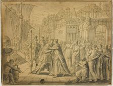 Dido and Aeneas Embracing before Gates of Carthage, n.d. Creator: Unknown