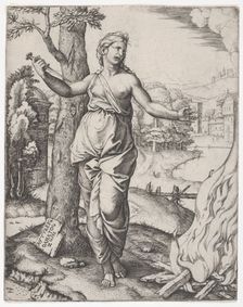Dido holding a dagger in her right hand, left arm outstreched, ca. 1510. Creator: Marcantonio Raimondi