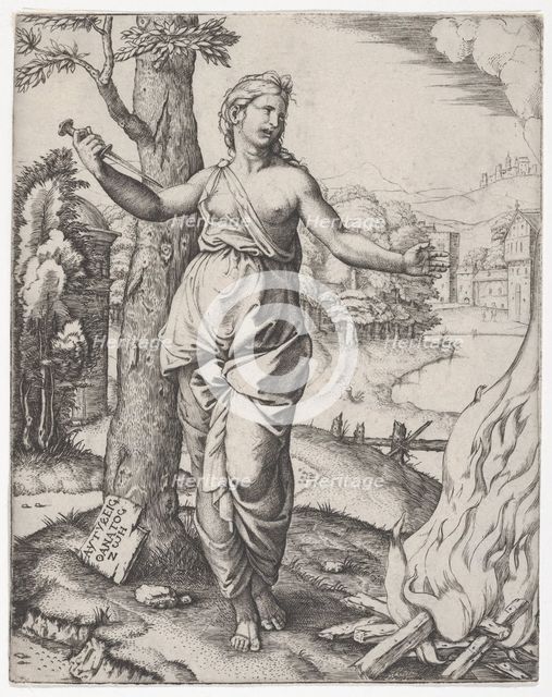 Dido holding a dagger in her right hand, left arm outstreched, ca. 1510. Creator: Marcantonio Raimondi.