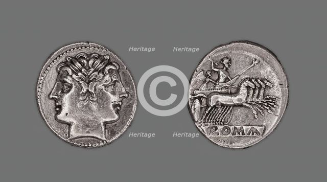 Didrachm (Coin) Depicting the Dioscuri (Castor and Pollux), 225-214 BCE, issued by the Roman Republi Creator: Unknown.