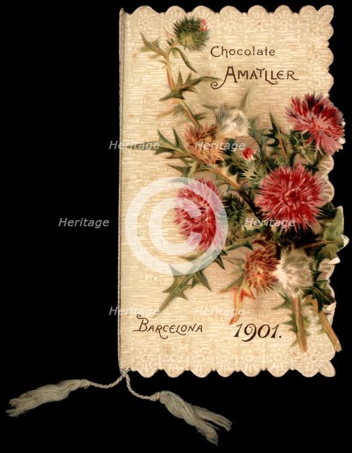 Die-cut Pocket Calendar in Modernist style, published by Amatller Chocolates Factory, 1901.