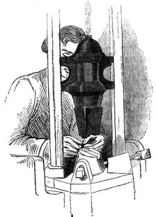 Die-stamping the channel and eye position on needle wires, Redditch, England, c1835