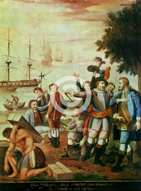 Diego Velázquez chooses as army general Cortes and gives it to him' oil painting of series 'Conqu…