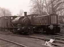 Diesel locomotive alongside the Rowntree steam locomotive, York, Yorkshire, 1958