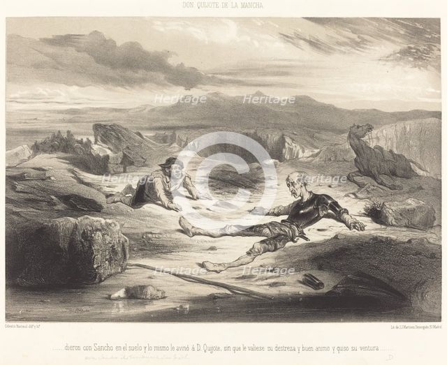 ...dieron con Sancho en el suelo y lo mismo le avinó d D. Quixote..., c. 1855. Creator: Célestin Nanteuil.