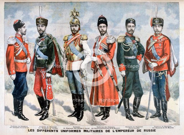 Different Russian military uniforms of the Emperor, 1896. Artist: Unknown