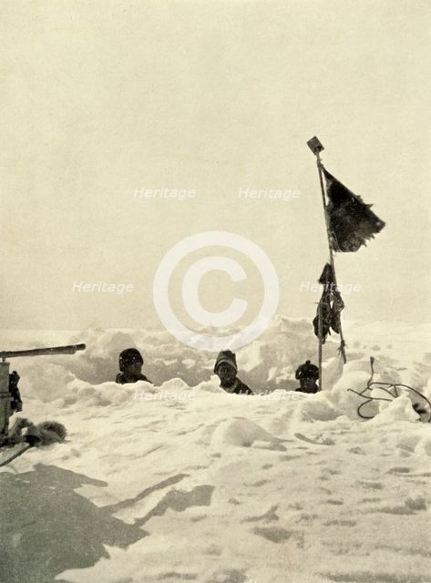 'Digging to ascertain the depth of snow covering a depot', c1908, (1909).  Artist: Unknown.