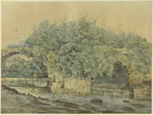 Dilapidated stone bridge over a stream, overgrown with bushes and plants, 18th century. Creator: Unknown