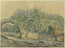 Dilapidated stone bridge over a stream, overgrown with bushes and plants, 18th century. Creator: Unknown